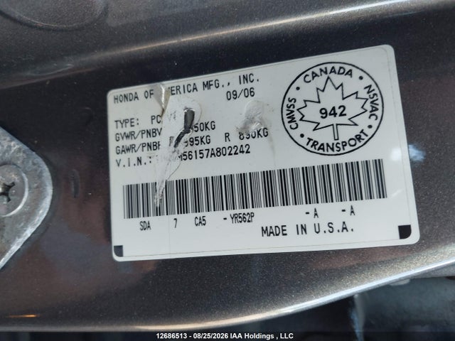 Продажа на аукционе авто 2007 Honda Accord Value, vin: 1HGCM56157A802242, номер лота: 12686513