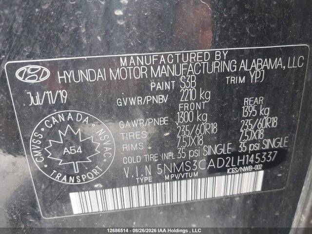 12686514 :رقم المزاد ، 5NMS3CAD2LH145337 vin ، 2020 Hyundai Santa Fe Preferred Awd With Sun And Leather Package مزاد بيع