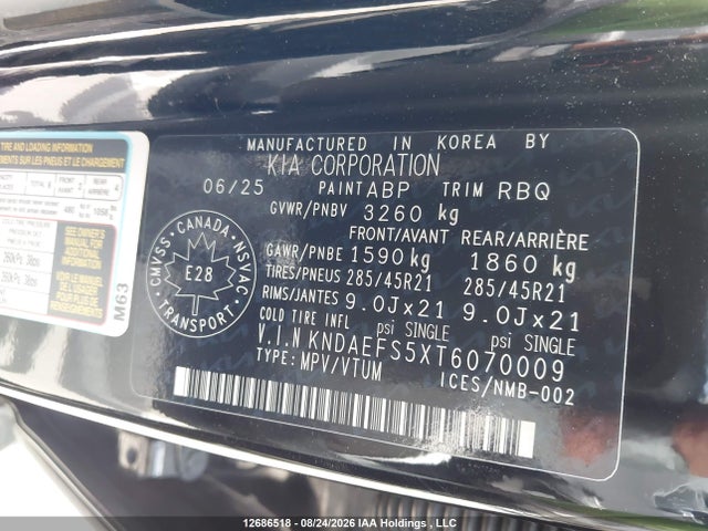 2026 Kia Ev9 Land მანქანა იყიდება აუქციონზე, vin: KNDAEFS5XT6070009, აუქციონის ნომერი: 12686518