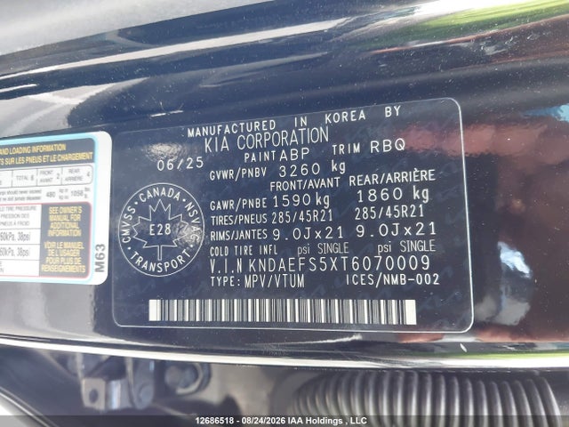 2026 Kia Ev9 Land მანქანა იყიდება აუქციონზე, vin: KNDAEFS5XT6070009, აუქციონის ნომერი: 12686518