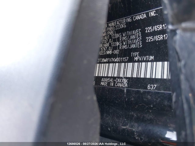 12686526 :رقم المزاد ، 2T3BWRFV7KW001157 vin ، 2019 Toyota Rav4 Hybrid Le مزاد بيع