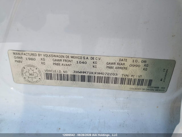 Aukcja sprzedaży 2009 Volkswagen Jetta S, vin: 3VWHM71KX9M072203, numer aukcji: 12686542