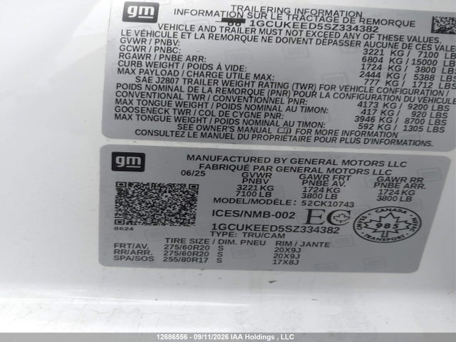 2025 Chevrolet Silverado K1500 Rst მანქანა იყიდება აუქციონზე, vin: 1GCUKEED5SZ334382, აუქციონის ნომერი: 12686556