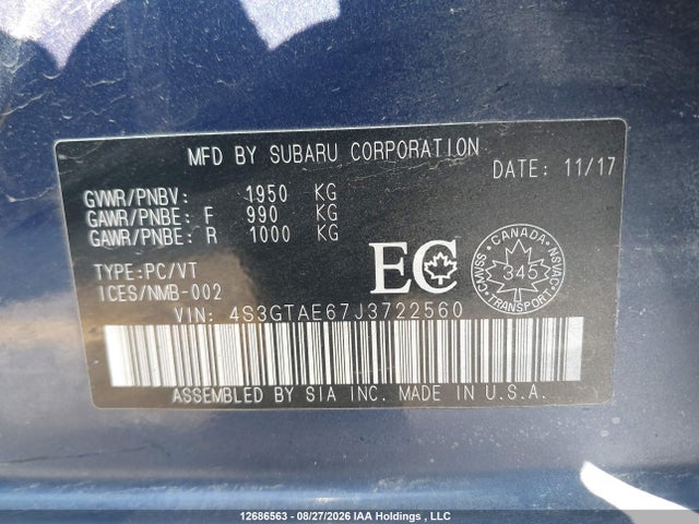 Aukcja sprzedaży 2018 Subaru Impreza Premium Plus, vin: 4S3GTAE67J3722560, numer aukcji: 12686563