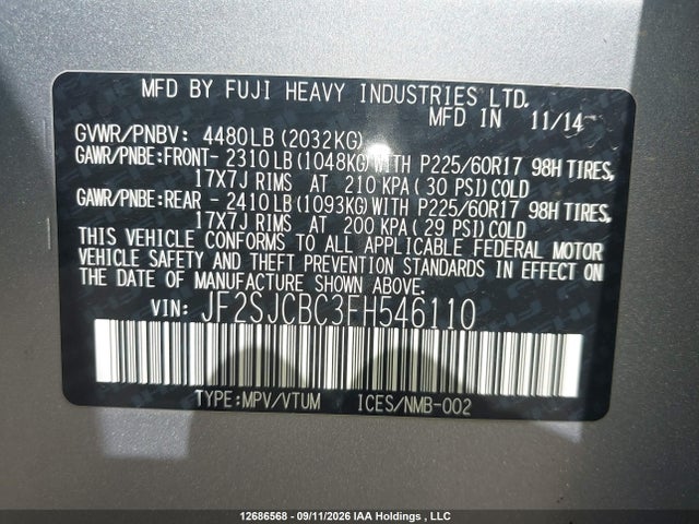Subaru Forester 2.5i 2015 JF2SJCBC3FH546110 Image 9
