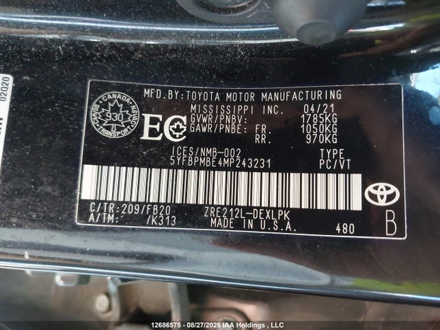 Aukcja sprzedaży 2021 Toyota Corolla, vin: 5YFBPMBE4MP243231, numer aukcji: 12686575