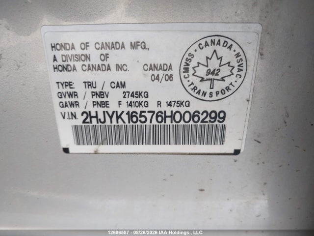 Aukcja sprzedaży 2006 Honda Ridgeline Rtl, vin: 2HJYK16576H006299, numer aukcji: 12686587
