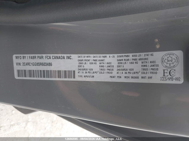 Aukcja sprzedaży 2025 Chrysler Pacifica Limited, vin: 2C4RC1GG8SR603486, numer aukcji: 12686595