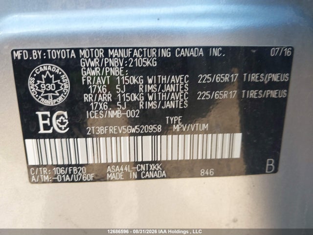 12686596 :رقم المزاد ، 2T3BFREV5GW520958 vin ، 2016 Toyota Rav4 Le مزاد بيع