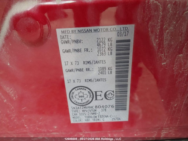 12686605 :رقم المزاد ، 5N1AT2MV4HC804076 vin ، 2017 Nissan Rogue S/sl Platinum/sv مزاد بيع