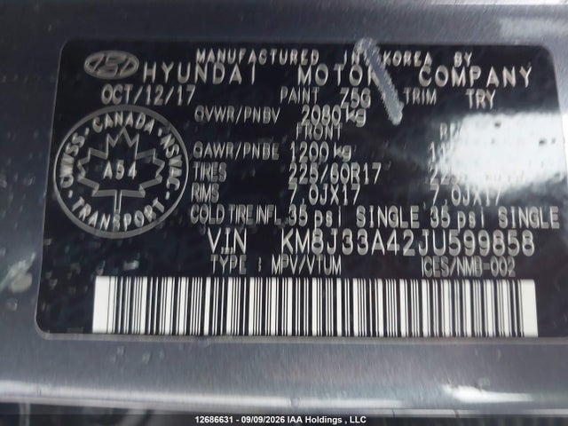 12686631 :رقم المزاد ، KM8J33A42JU599858 vin ، 2018 Hyundai Tucson Premium 2.0l مزاد بيع
