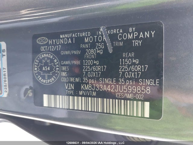 12686631 :رقم المزاد ، KM8J33A42JU599858 vin ، 2018 Hyundai Tucson Premium 2.0l مزاد بيع