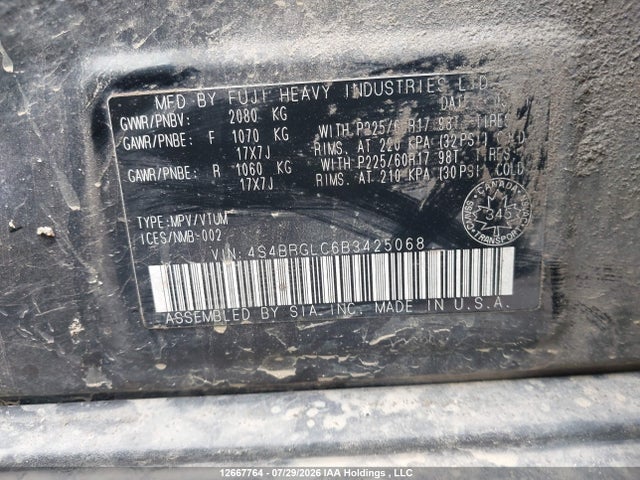 12667764 :رقم المزاد ، 4S4BRGLC6B3425068 vin ، 2011 Subaru Outback 2.5i Limited مزاد بيع