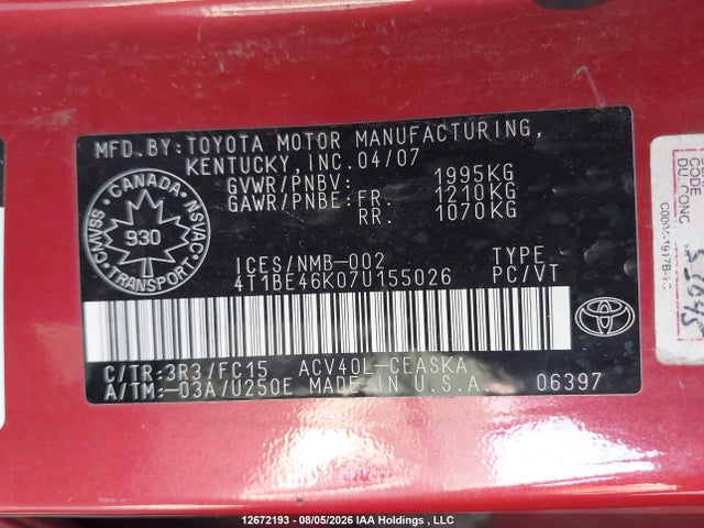 2007 Toyota Camry Le/se მანქანა იყიდება აუქციონზე, vin: 4T1BE46K07U155026, აუქციონის ნომერი: 12672193