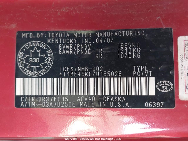 2007 Toyota Camry Le/se მანქანა იყიდება აუქციონზე, vin: 4T1BE46K07U155026, აუქციონის ნომერი: 12672193