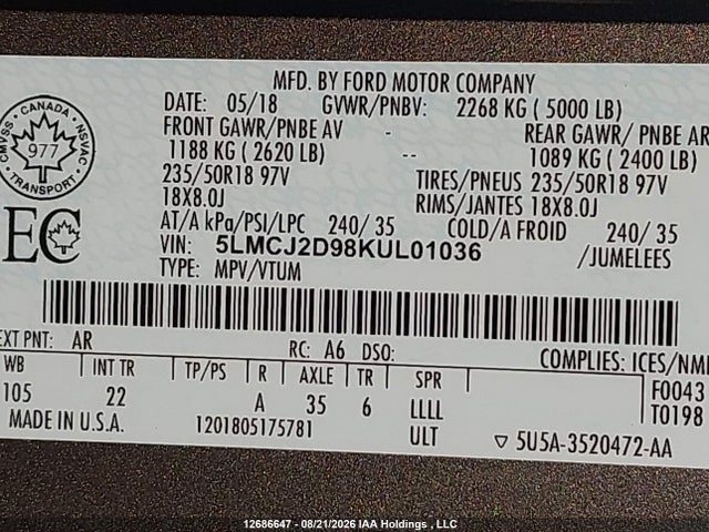 Aukcja sprzedaży 2019 Lincoln Mkc Select, vin: 5LMCJ2D98KUL01036, numer aukcji: 12686647