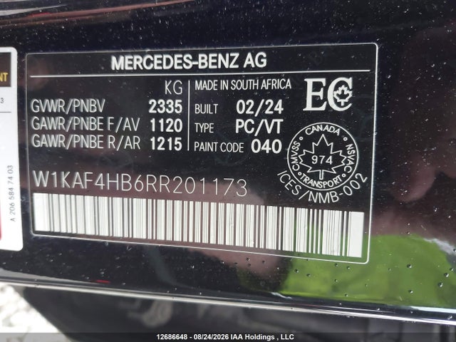 Продаж на аукціоні авто 2024 Mercedes-benz C 300 4matic, vin: W1KAF4HB6RR201173, номер лоту: 12686648
