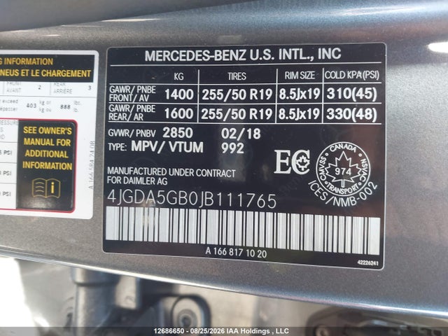 12686650 :رقم المزاد ، 4JGDA5GB0JB111765 vin ، 2018 Mercedes-benz Gle 400 4matic مزاد بيع