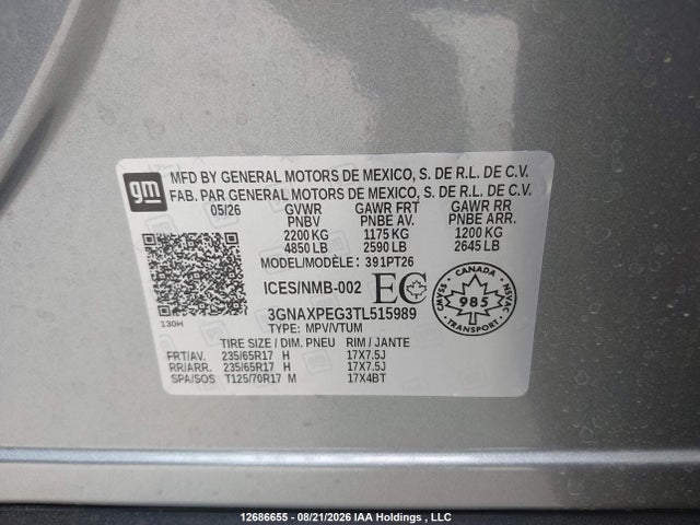 Продаж на аукціоні авто 2026 Chevrolet Equinox Lt, vin: 3GNAXPEG3TL515989, номер лоту: 12686655