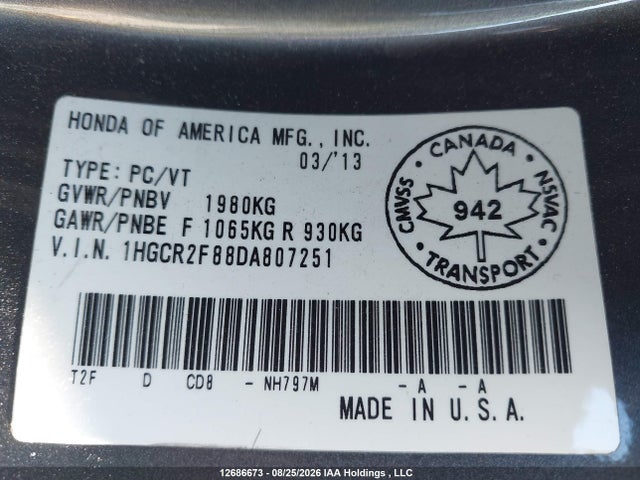 Aukcja sprzedaży 2013 Honda Accord Exl, vin: 1HGCR2F88DA807251, numer aukcji: 12686673