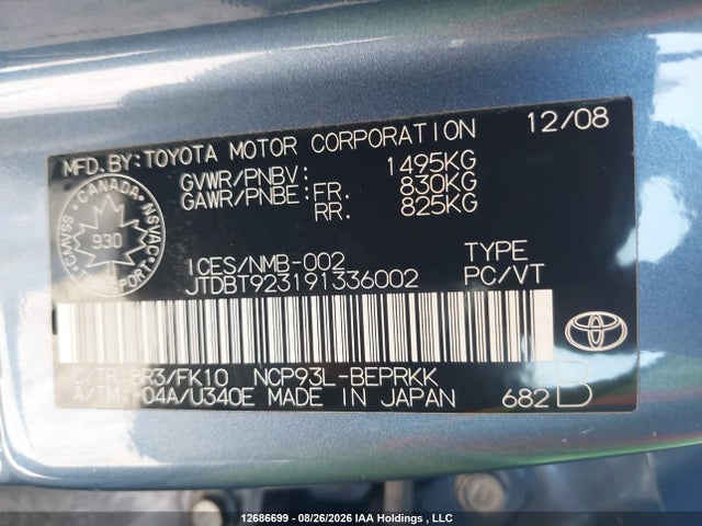 12686699 :رقم المزاد ، JTDBT923191336002 vin ، 2009 Toyota Yaris مزاد بيع