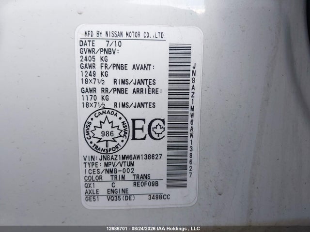 Продаж на аукціоні авто 2010 Nissan Murano Sl, vin: JN8AZ1MW6AW138627, номер лоту: 12686701