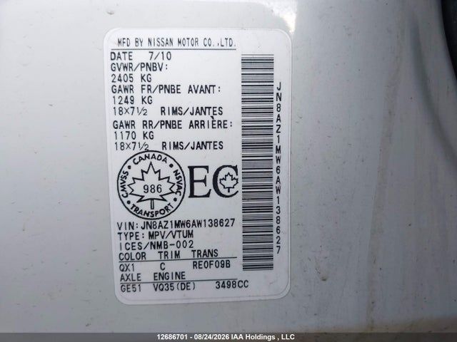 Продаж на аукціоні авто 2010 Nissan Murano Sl, vin: JN8AZ1MW6AW138627, номер лоту: 12686701