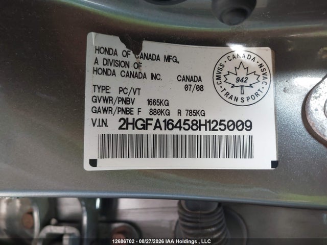 12686702 :رقم المزاد ، 2HGFA16458H125009 vin ، 2008 Honda Civic Dx-g مزاد بيع