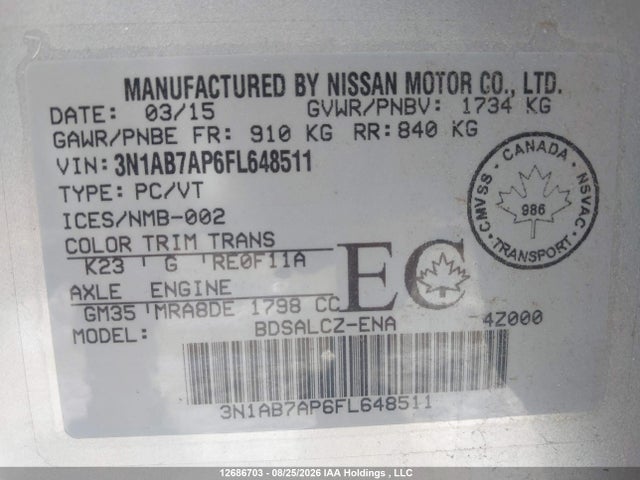 3N1AB7AP6FL648511 Nissan Sentra 1.8 S/1.8 Sl/1.8 Sr/1.8 Sv