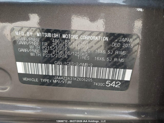 Aukcja sprzedaży 2019 Mitsubishi Outlander, vin: JA4AZ2A31KZ606205, numer aukcji: 12686712