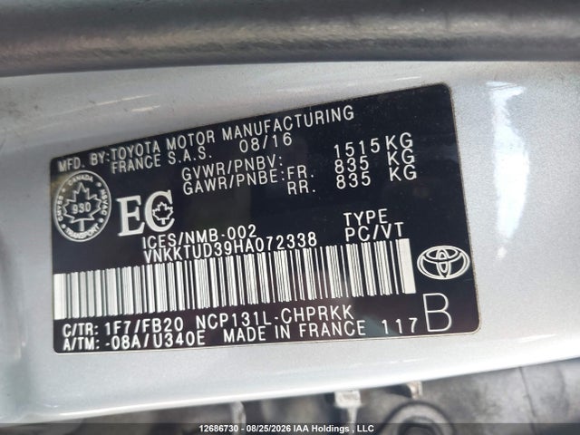 12686730 :رقم المزاد ، VNKKTUD39HA072338 vin ، 2017 Toyota Yaris Le مزاد بيع