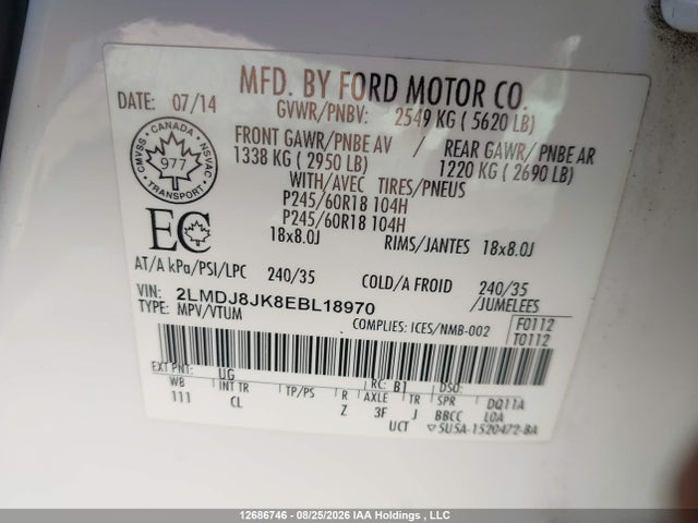 12686746 :رقم المزاد ، 2LMDJ8JK8EBL18970 vin ، 2014 Lincoln Mkx مزاد بيع
