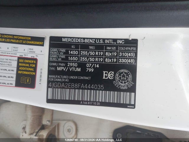 Aukcja sprzedaży 2015 Mercedes-benz Ml 350 Bluetec, vin: 4JGDA2EB8FA444035, numer aukcji: 12686748