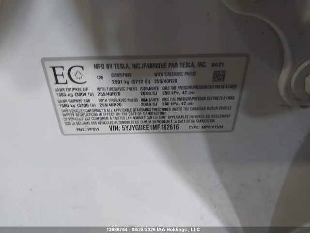 Tesla Model Y 2021 5YJYGDEE1MF182616 Image 9