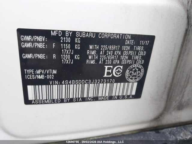 Subaru Outback 2.5i Touring 2018 4S4BSDDC3J3273170 Image 9