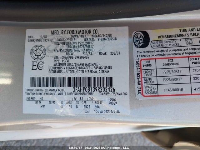 Aukcja sprzedaży 2009 Ford Fusion, vin: 3FAHP08139R202426, numer aukcji: 12686757