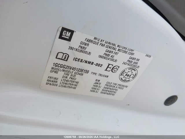 12686758 :رقم المزاد ، 1GCGG25V451236159 vin ، 2005 Chevrolet Express G2500 مزاد بيع