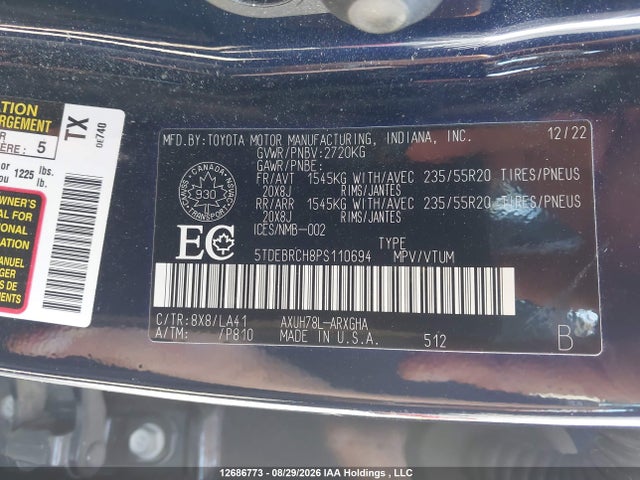 12686773 :رقم المزاد ، 5TDEBRCH8PS110694 vin ، 2023 Toyota Highlander Hybrid Limited/hybrid Platinum مزاد بيع