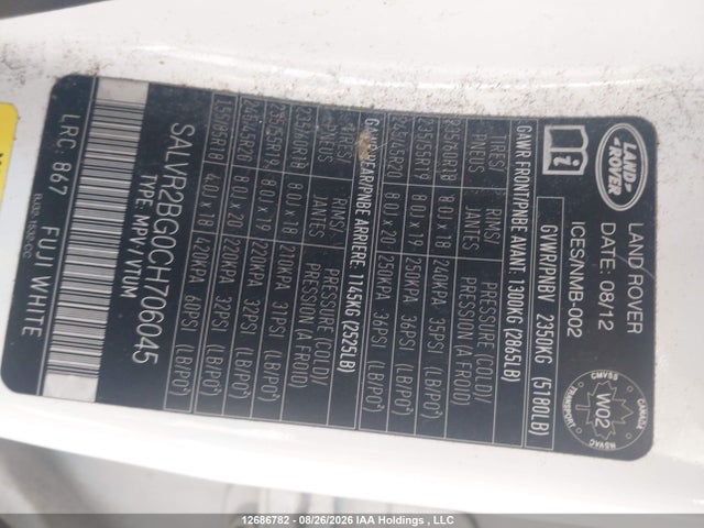 Продажа на аукционе авто 2012 Land Rover Range Rover Evoque Pure Plus, vin: SALVR2BG0CH706045, номер лота: 12686782