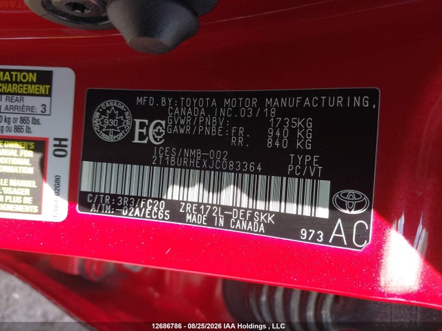 Aukcja sprzedaży 2018 Toyota Corolla Se, vin: 2T1BURHEXJC083364, numer aukcji: 12686786