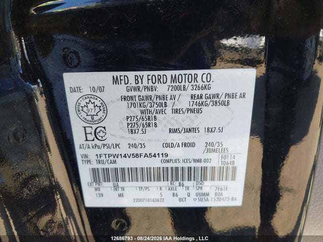 Aukcja sprzedaży 2008 Ford F-150 Fx4/king Ranch/lariat/xlt, vin: 1FTPW14V58FA54119, numer aukcji: 12686793