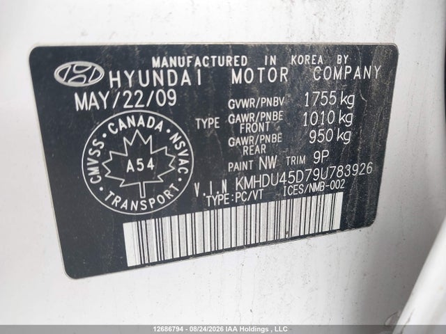 12686794 :رقم المزاد ، KMHDU45D79U783926 vin ، 2009 Hyundai Elantra Gls/se مزاد بيع