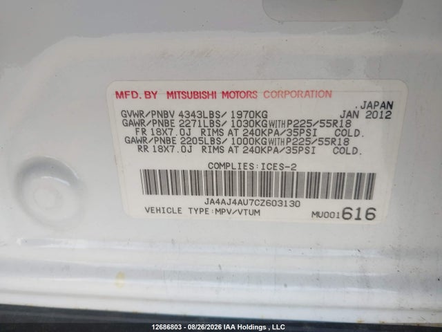Продаж на аукціоні авто 2012 Mitsubishi Rvr Gt, vin: JA4AJ4AU7CZ603130, номер лоту: 12686803