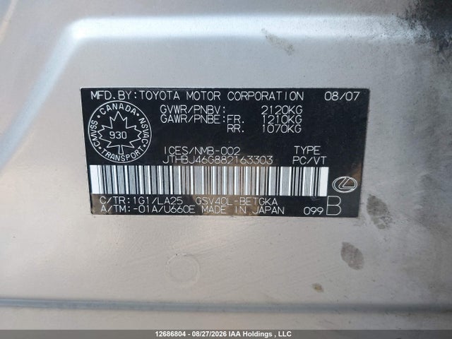 Aukcja sprzedaży 2008 Lexus Es 350 350, vin: JTHBJ46G882163303, numer aukcji: 12686804