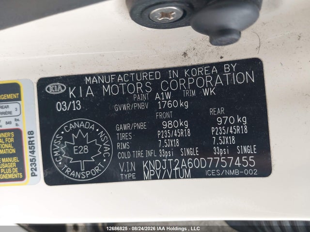 12686825 :رقم المزاد ، KNDJT2A60D7757455 vin ، 2013 Kia Soul مزاد بيع