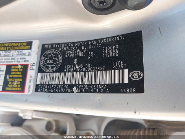 Aukcja sprzedaży 2012 Toyota Camry Le, vin: 4T1BF1FK0CU082827, numer aukcji: 12686828