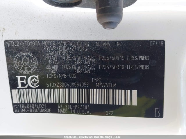 Aukcja sprzedaży 2018 Toyota Sienna Se/se Premium, vin: 5TDXZ3DC4JS964058, numer aukcji: 12686834