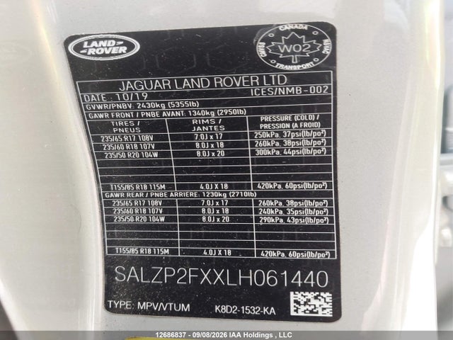 Продаж на аукціоні авто 2020 Land Rover Range Rover Evoque P250 Se, vin: SALZP2FXXLH061440, номер лоту: 12686837