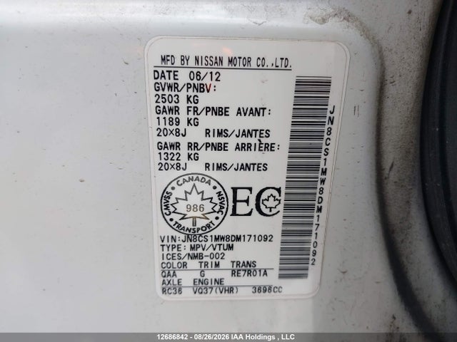 12686842 :رقم المزاد ، JN8CS1MW8DM171092 vin ، 2013 Infiniti Fx37 مزاد بيع