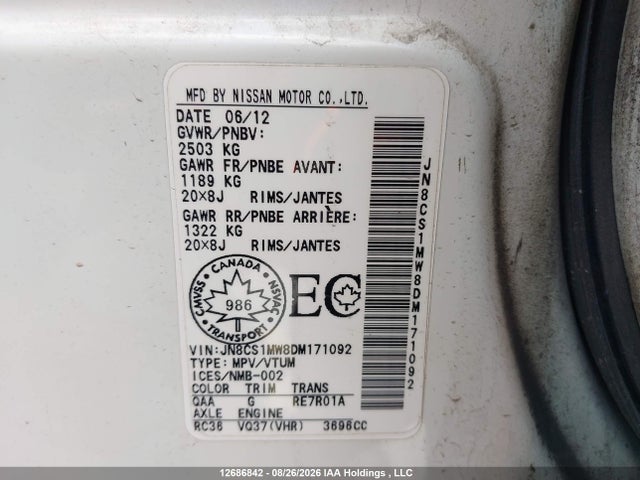12686842 :رقم المزاد ، JN8CS1MW8DM171092 vin ، 2013 Infiniti Fx37 مزاد بيع